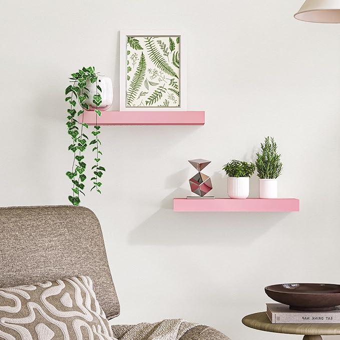 BAMEOS Pink Floating Shelves for Wall, 16" x 6" Wall Shelves for Room, Floating Book Shelves, Hanging Shelves for Bedroom, Bedroom, Living Room, Kitchen (Set of 2)