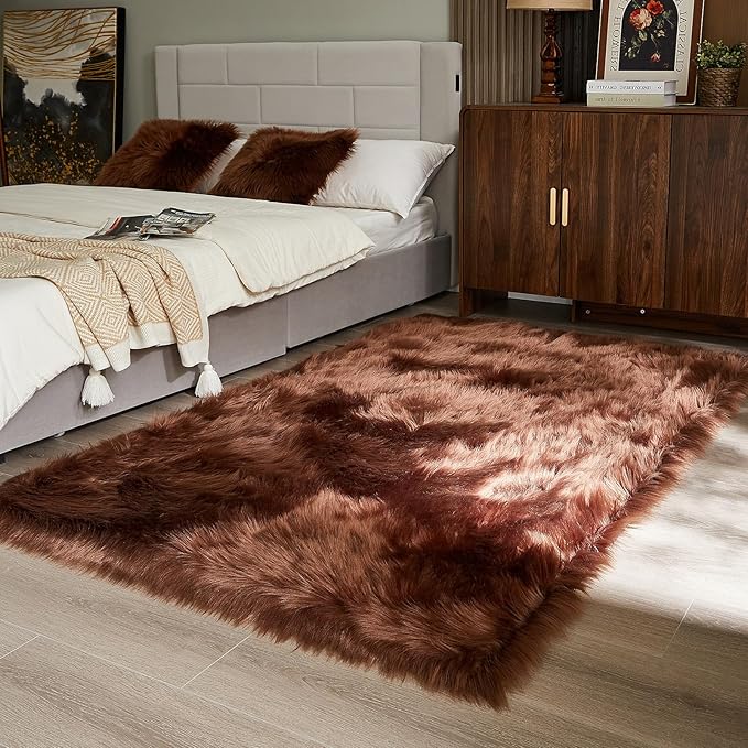 AMTOVO Faux Fur Sheepskin Rug for Living Room, 4 x 6 ft Coffee Fluffy Area Rug for Bedroom, Playroom, Luxury Room Decor, Rectangle