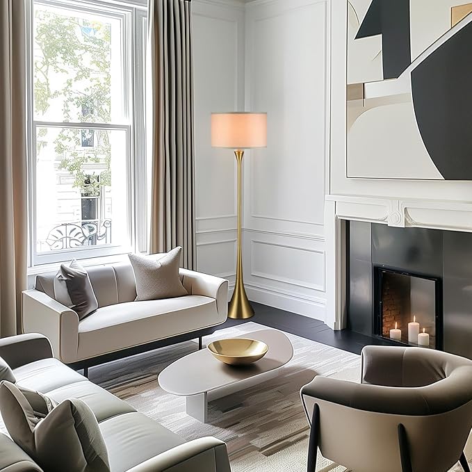 GLOBE Electric 61000150 60" Floor Lamp, Antique Brass Finish, Beige Fabric Shade, Mid-Century Modern Standing Lamp, E26 Base, Sustainable Design for Living Rooms and Bedrooms