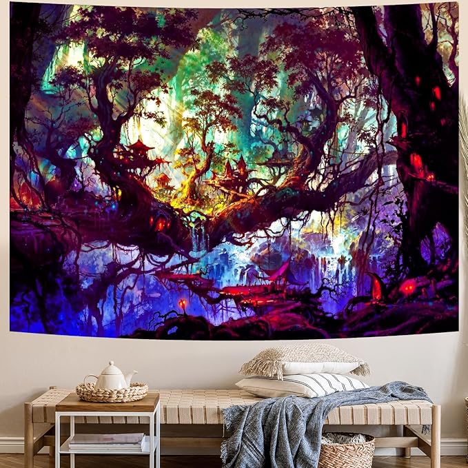 Delur Fantasy Forest Tapestry Mystical Landscape Magical Enchanted Forest Tree Nature Tapestry Psychedelic Wall Hanging Headboard for Bedroom Living Room Home Decor (51.2" x 59.1")