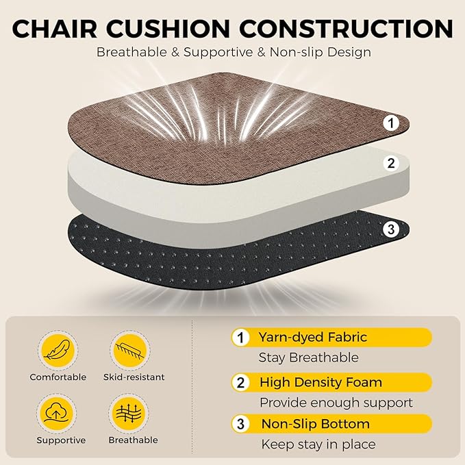 downluxe Indoor Chair Cushions for Dining Chairs, Soft and Comfortable Textured Foam Kitchen Chair Pads with Ties and Non-Slip Backing, 16" x 16" x 2", Brown, 6 Pack