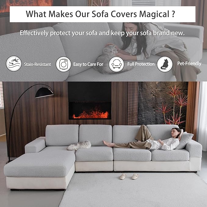 Couch Cushion Covers for Sectional Sofa, Stretch Soft Sofa Slipcovers Washable Wear-Resistant Universal Furniture Protector for Living Room(2 Seaters Covers+1 Chaise Cover, Light Gray)