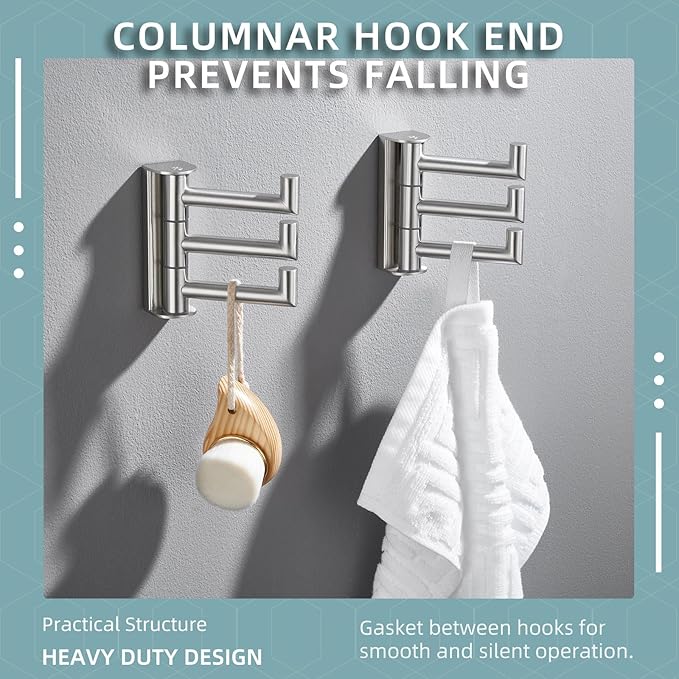 Angle Simple Swivel Towel Hooks, SUS 304 Stainless Steel Foldable Robe Hand Towel Holder for Bathroom Kitchen Wall, Brushed Nickel, 2 Pack