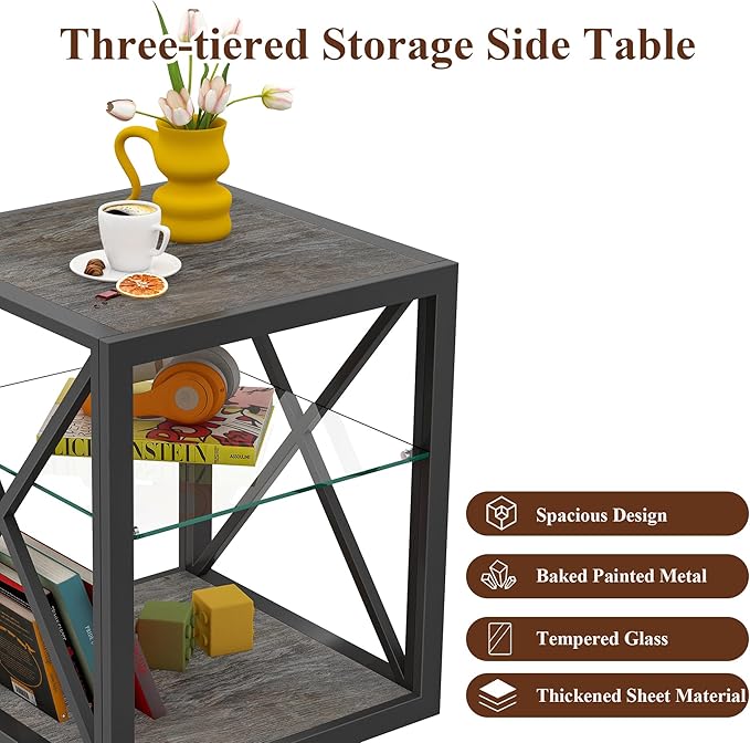 Farmhouse End Table Set of 2, Modern Side Table with 3-Tier Storage Shelf, Square Rustic Nightstand, Accent Tea Table, for Bedroom Office Living Room, Grey, Natural Wood, Glass, Metal