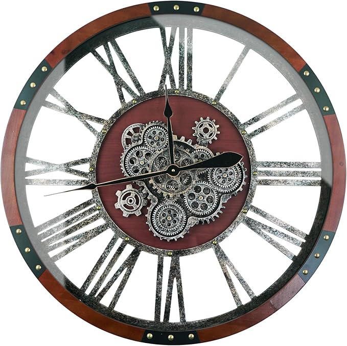 36 Inch Moving Gear Wall Clock, Oversized Wall Clocks, Clock Living Room Decor, Solid Wood Frame, Battery Operated, Large Wall Clock with Industrial for Fireplace(Black Walnut)