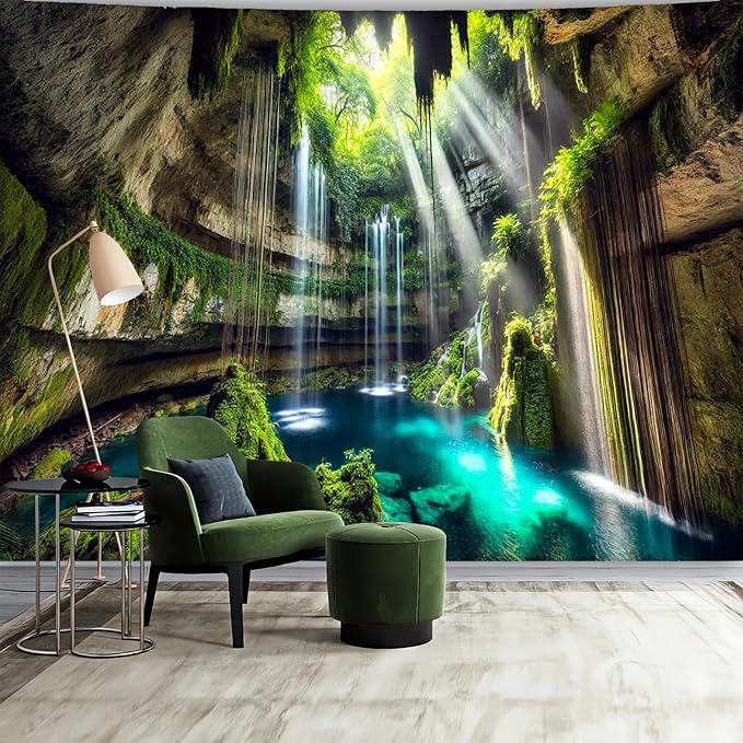 BSFHH Nature Tapestry Forest Tree Sea Cave Wall Hanging, Stream Through Rainforest Landscape Wall Art Tapestry for Bedroom Living room (Fall, 90"×70", Unframed)