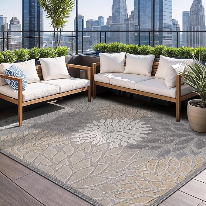 Beverly Rug Outdoor Rug 10x14 Large Modern Floral Tropical Area Rugs for Indoor and Outdoor Patio Easy to Clean Non Shedding Living Room Porch Garden Washable Outside Carpet (10 x 14 Gray)