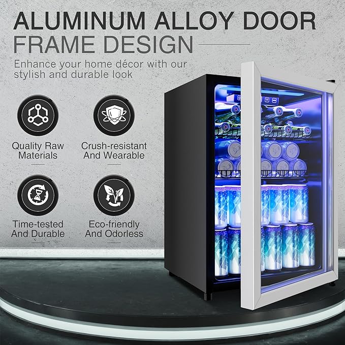 2.5 Cu.Ft Beverage Fridge, Mini Fridge With Glass Door, Beverage Cooler Refrigerator, Wine Drink Beer Cooler, Adjustable Shelves & Digital Temperature Display, 22 Bottle 95 Can