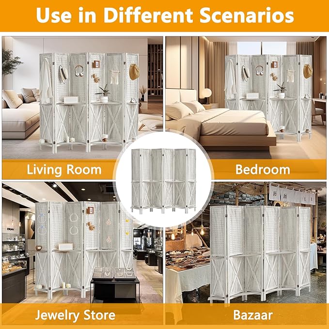6 Panel Pegboard Display with 24 Hooks, Wooden Pegboard Room Divider Wall with Shelf, Rustic Room Dividers and Folding Privacy Screens, Bedroom, Jewelry Store, White