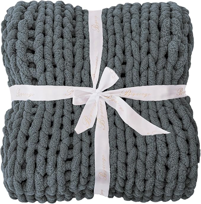 Bigacogo Chunky Knit Throw Blanket for Couch, 40x40 inches, 100% Hand Knitted with Thick Jumbo Chenille Yarn, Cozy Soft Large Rope Knot Cable Crochet Blankets for Sofa Bed Living Room, Iron Gray