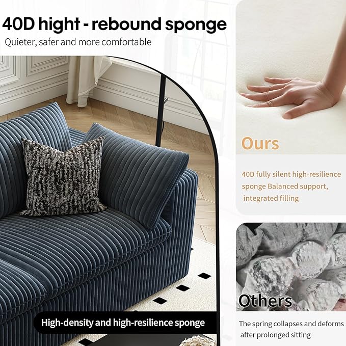 157.5" Cloud Couch Modular Sectional Sofa for Living Room,Modern Sofa with Deep Seat，4 Seater Boneless Couch,Comfy Upholstered Corduroy Couches for Apartment, Studio, Office,Bedroom，Blue