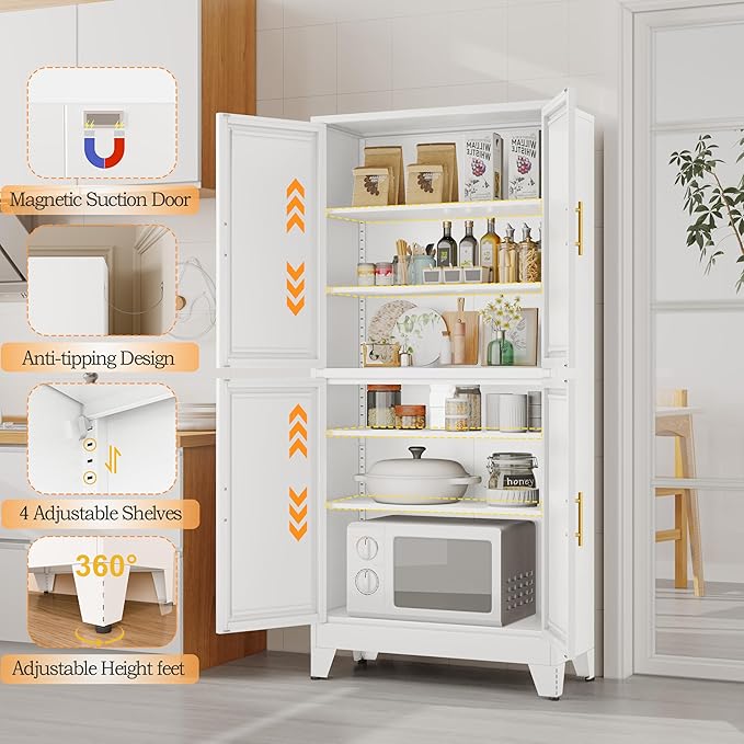 75.2" Tall Metal Pantry Cabinet, Kitchen Pantry Storage Cabinets with 4 Door and 4 Adjustable Shelves, White Storage Cabinet, Freestanding Cupboard for Kitchen Dining Room Living Room Bathroom