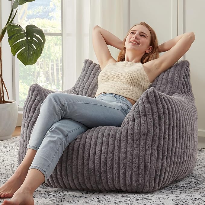 Giant Bean Bag Chairs for Adults with Filling Plush Fluffy Bean Bag Chairs for Teens with Armrests Comfy BeanBag Lazy Couch Sofa Chair for Bedroom Living Room Reading (Dark Gray2, M-for Teens/Adults)
