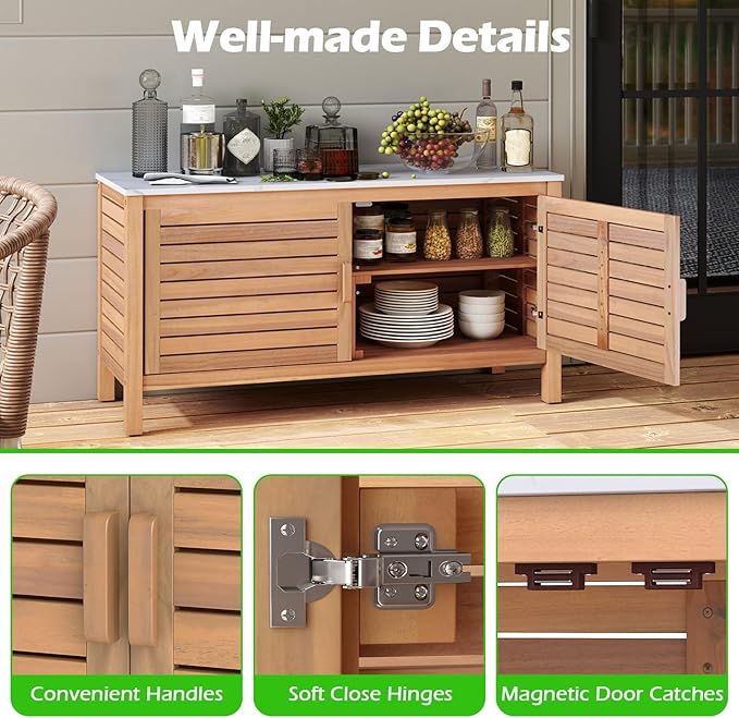 Goplus Patio Storage Cabinet, 2-Door Acacia Wood Storage Container with Faux Marble Top, Outdoor Wooden Sideboard for Deck, Garden, Lawn and Backyard