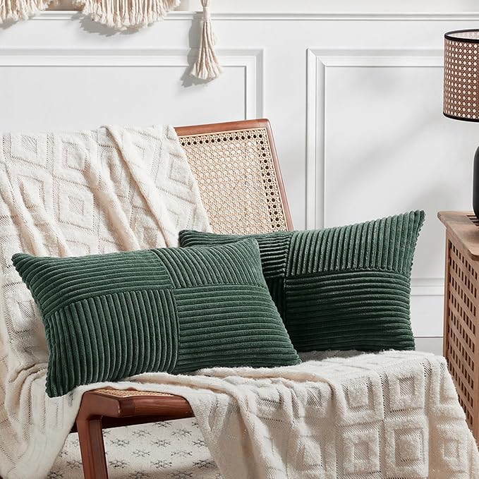 Fancy Homi Set of 2 Dark Green Long Lumbar Decorative Throw Pillow Covers 14x24 Inch for Living Room Couch Bed, Boho Farmhouse Forest Green Home Decor, Soft Corduroy Corss Textured Cushion Case