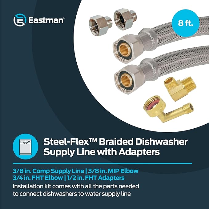 Eastman Dishwasher Installation Kit, 8 Foot Hose with Adapters, 3/8 Inch MIP x 3/4 Inch FHT Elbows, Braided Stainless Steel Connectors, 41132