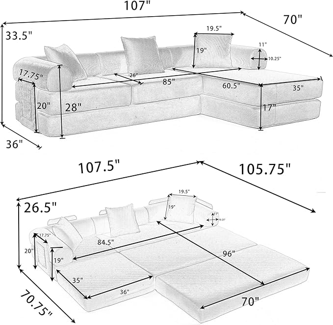 107" Oversized Convertible Sleeper Sofa Bed, Corduroy L Shape Sectional Couch, Folding Sofa Bed with Side Pocket, Modern Cloud Floor Mattress Couch,Modular Sofa for Living Room,Dark Blue