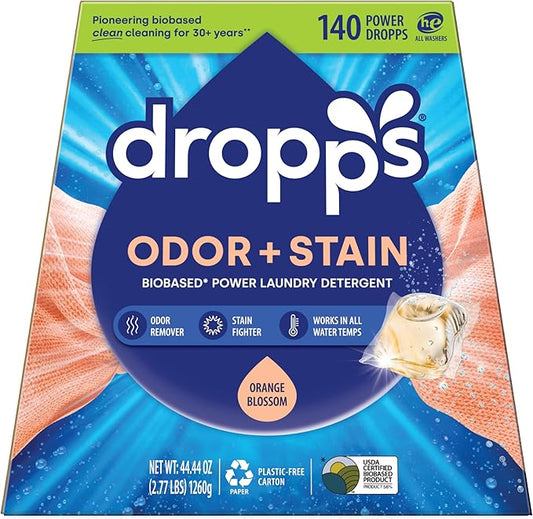 Dropps Odor & Stain Biobased Power Laundry Detergent Pods, Orange Blossom (140 Count) - HE Compatible Laundry Pods for Fresh Clothes - Laundry Soap Supplies & Recyclable Paperboard Packaging