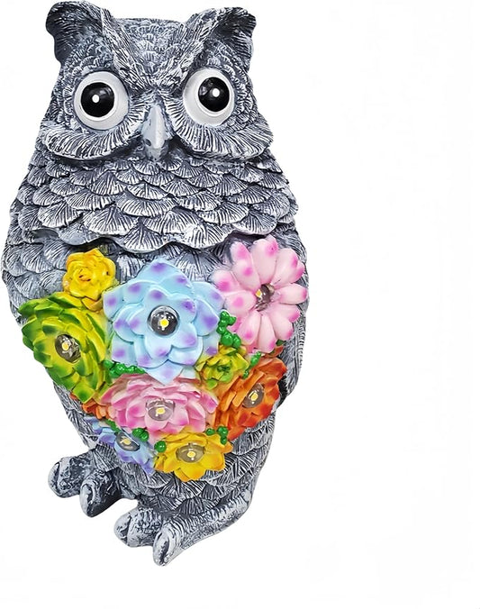 Garden Solar Owl Statue with Glowing Succulent Decor Outdoor Figurine Light Resin Sculpture Decoration for Home Porch Patio Lawn Farm Yard Housewarming Ornament Gift