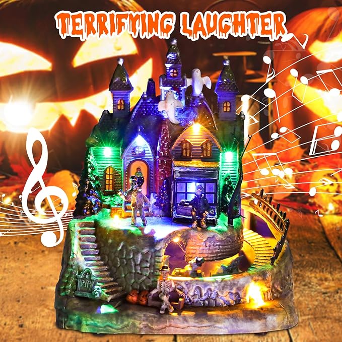 DREAM GARDEN Halloween Village Collection, Lighted Spooky Haunted House with Animated Train and Scary Sound Resin Spooky Town with Skull, Pumpkin, Ghost for Holiday Party Tabletop Decor