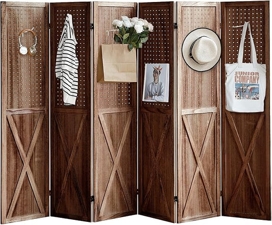 6 Panel Pegboard Room Divider, 5.6Ft Pegboard Display Folding Privacy Screens, Wood Room Divider Peg Board Display Freestanding for Trade Show Craft Show Home Wall Organizer, Brown