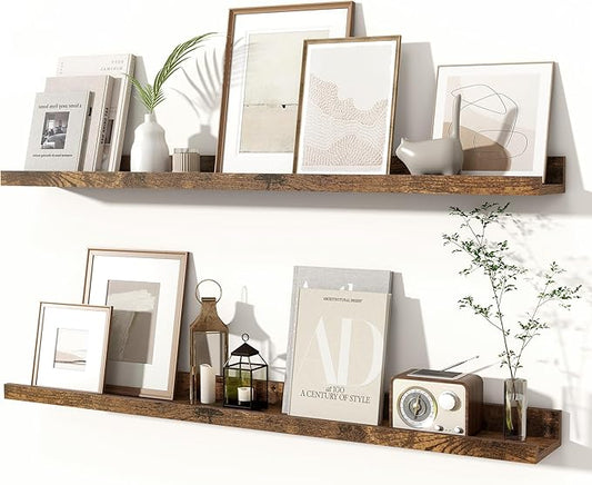 Fun Memories Picture Ledge Shelves Set of 2, 36 Inch Rustic Wall Mounted Floating Shelves with Lip for Home Storage and Décor in Bathroom, Kitchen, Nursery, Bedroom, Living Room, Brown