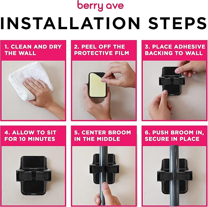 Combo 5 Slot Broom Holder w/ 1 Self Adhesive Mop Gripper No-Drilling, Wall Mount Tool Organizers For Kitchen, Garage, Laundry Room- Anti-Slip Hanger For Brooms, Mops, Rakes, Dustpans (Black / Black)