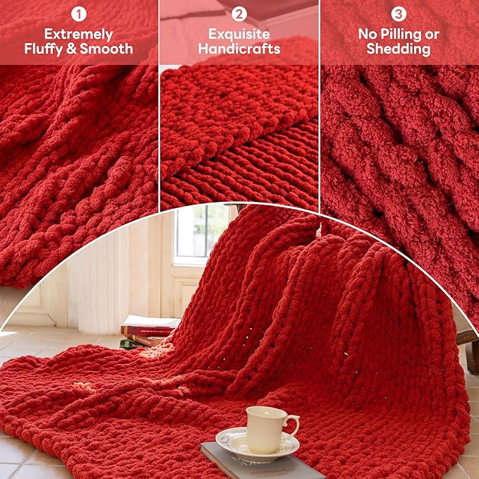 Chunky Knit Blanket - Luxury Soft Cozy 60 * 80 Throw Blanket,100% Woven Blanket Rope Knot Throw Blanket for Couch, Sofa, Home Decor, Gift - Machine Washable（Wine red）