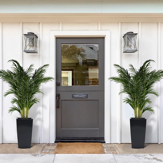 16" Tall Planters Set of 2, Outdoor＆Indoor Black Planter Pots, High Front Porch Planter Pots with Drainage Holes＆Water Level Monitor＆Inner Bucket, Automatic Watering,Black