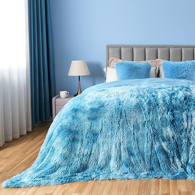 GONAAP Fuzzy Faux Fur Throw Blanket Queen Size Tie-dye Ocean Blue Super Soft Cozy Plush Fuzzy Shaggy Blanket for Couch Sofa Bed (Tie-dye Ocean Blue, Queen(90"x90"))