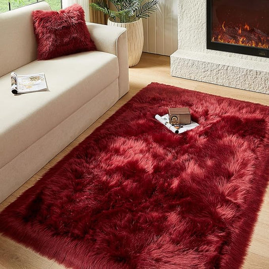 AMTOVO Faux Fur Sheepskin Rug for Living Room, 4 x 6 ft Burgundy Fluffy Area Rug for Bedroom, Playroom, Luxury Room Decor, Rectangle
