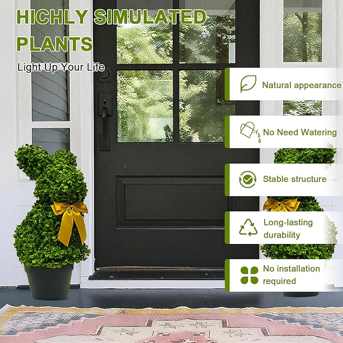 2 Pcs Artificial Bunny Shaped Topiary Trees, Artificial Green Boxwood Bunny Decorations with Gold Bow, Perfect for Indoor & Outdoor Front Porch, Easter& Garden Decor (Bunny Tree with Base)