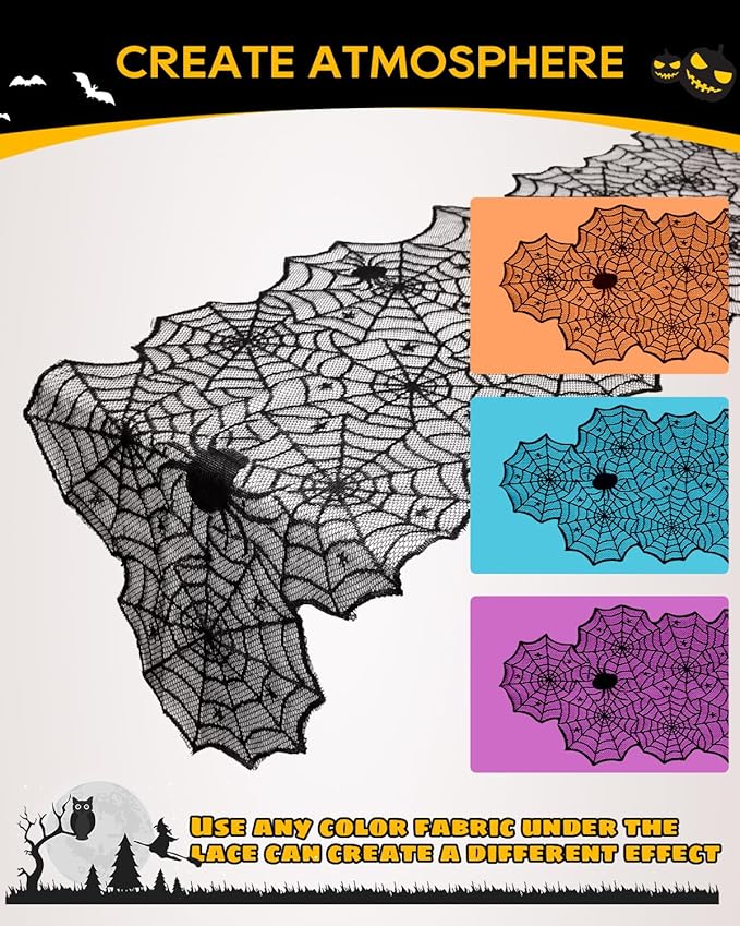 eZAKKA Halloween Table Runner with 4Pcs Placemat, Black Lace Spider Web Table Runners for Parties Gothic Spooky Home Decorations, 18 x 72 Inch