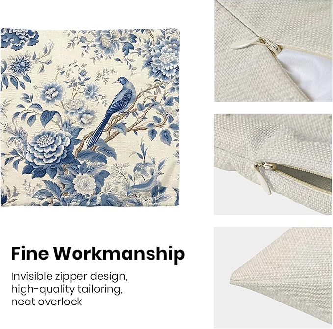 CXMEIFLY Spring Floral Pillow Covers 18 x 18 Inch Set of 2 for Chinoiserie Flowers Bird Decor Throw Pillows Vintage Blue and White Plant Outdoor Decorative Cushion Cases for Couch Bed Decorations