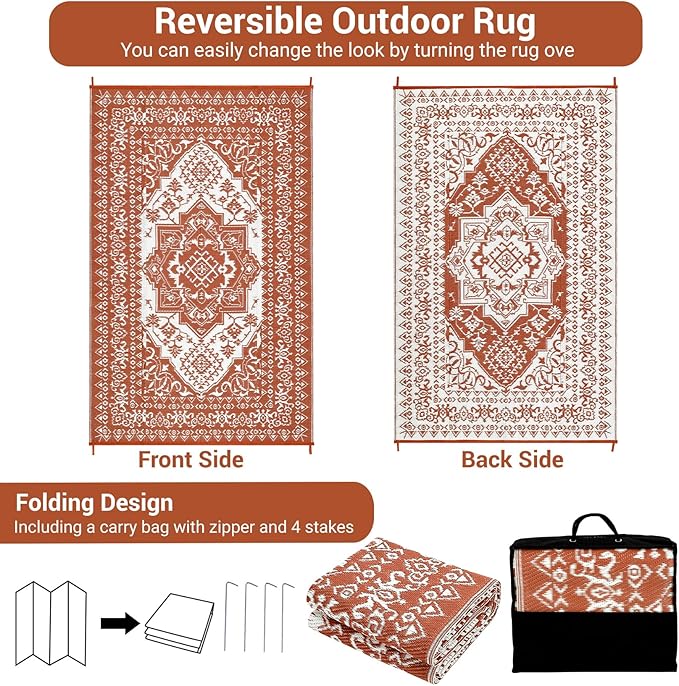 GAOMON Outdoor Rug for Patio 9x18 Waterproof Reversible Plastic Straw Rug, Large UV-Resistant Portable RV Camping Mats, Indoor Outdoor Medallion Carpet for Outside Deck Porch Garden, Red & White