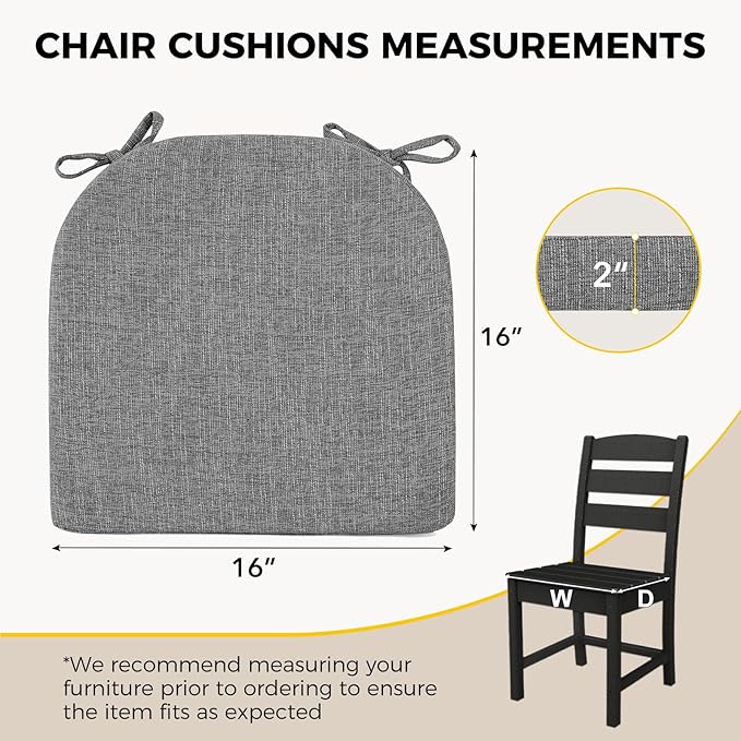 downluxe Indoor Chair Cushions for Dining Chairs, Soft and Comfortable Textured Foam Kitchen Chair Pads with Ties and Non-Slip Backing, 16" x 16" x 2", Dark Grey, 2 Pack