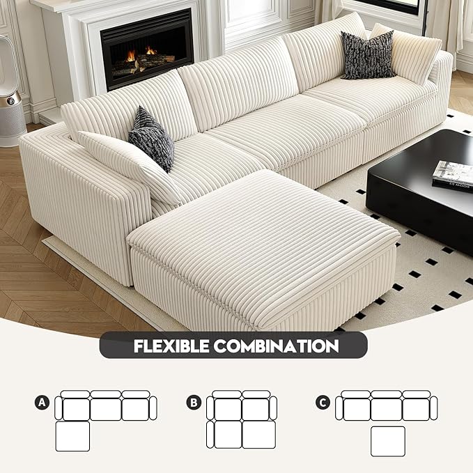 118" Cloud Couch Modular Sectional Sofa for Living Room,Modern Sofa with Deep Seat，L-Shape Boneless Couch with Ottoman,Comfy Upholstered Corduroy Couches for Apartment, Studio, Office,Bedroom，White