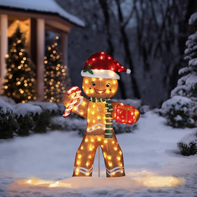 5FT Gingerbread Man with Candy Cane and Gift Box Decoration, 2.5D Pre-Lit Gingerbread Man Decor with 120 LED Lights for Christmas, Freestanding Glittered Holiday Display for Outdoor, Indoor