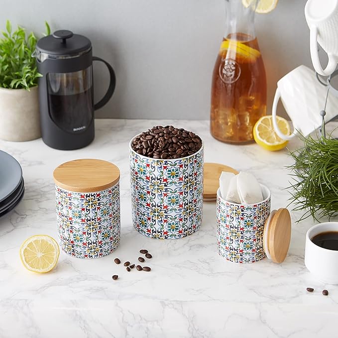 DII Kitchen Ceramics Collection Canister Set, Floral Tile, 3 Piece