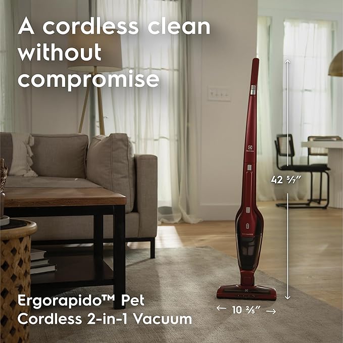 Electrolux Ergorapido Pet Cordless 2-in-1 Vacuum Cleaner with Motorized Pet Nozzle for Easy Pet Hair Removal, 48-Minute Run Time, 2 Power Modes, Chili Red