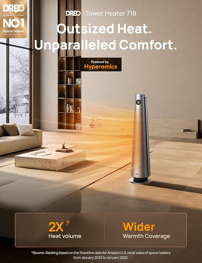 Dreo Space Heater Indoor, 30" Electric Heaters with Remote, 120° Oscillation, Adjustable Thermostat, 5 Heat & 3 Fan levels, 8 Safety Protections, 25dB Quiet, 1-12H Timer, Large Room Bedroom, Silver