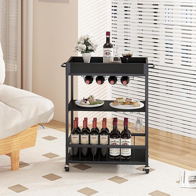 Bar Cart Serving Wine 3 Tier Home Rolling Rack with Wheels Mobile Kitchen Industrial Vintage Style Wood Metal Serving Trolley Serving Cart, Drink Cart for Living Room Kitchen