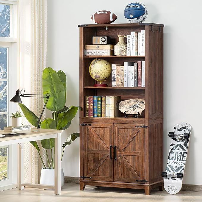 70in Tall Bookshelf 5 Tier Bookcase with Barn Doors and Adjustable Shelves, Brown Farmhouse Book Shelf with Storage Cabinet, Wood Freestanding Display Bookshelves for Bedroom, Kitchen (3PCS)