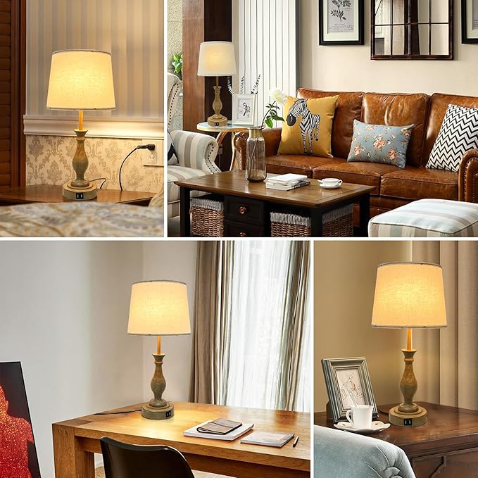 Farmhouse Table Lamp Touch Control 3-Way Dimmable Table Lamp, Modern Nightstand Lamp with 2 USB Port Bedside Desk Lamp with Fabric Shade for Living Room (Pack 1-Beige Shade & Touch)