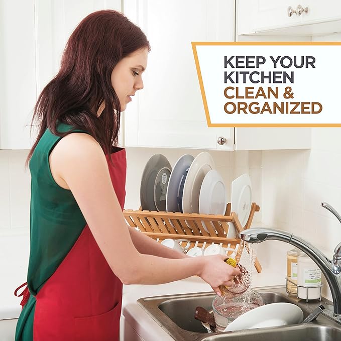 BAMBUSI Dish Drying Rack - Collapsible 2-Tier Bamboo Dish Rack for Kitchen Counter, Wooden Dish Drainer with Foldable Space-Saving Design - Drying Rack for Dishes, Plates, and Cups - Housewarming Gift