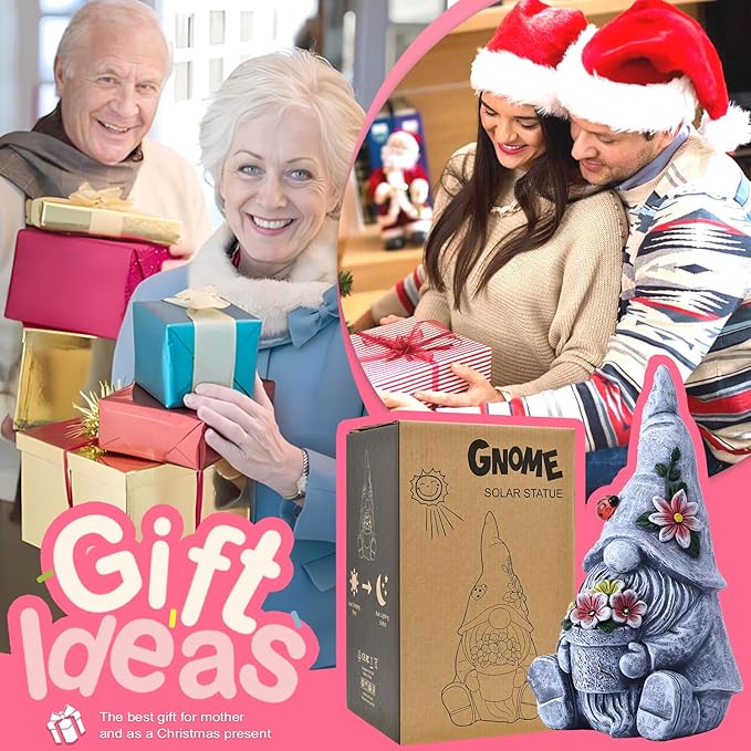 Goodeco Sitting Gnome Holding Flower Statue - Solar Garden Gnomes Decor for Outside with LED Lights, for Women or Moms, Housewarming Gnome Decorations