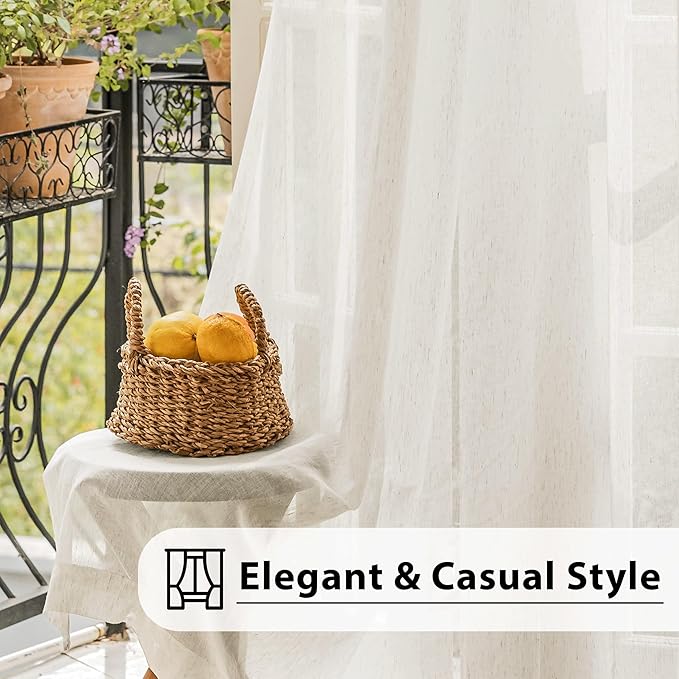 FMFUNCTEX Linen Sheer Sliding Door Curtains for Bedroom, Beige Curtains 96 Inches Long Window Curtain Drapes for Living Room, Natural Patio Glass Door Extra 100 Wide Curtain, Rod Pocket 1 Panel