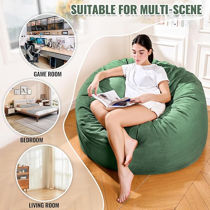 4FT Bean Bag Chair: Bean Bag with Velvet Cover, Fluffy and Comfy Bean Bag Chairs for Adults and Kids, Bean Bag Sofa Filled with High-Density Sponge for Gaming (Green)