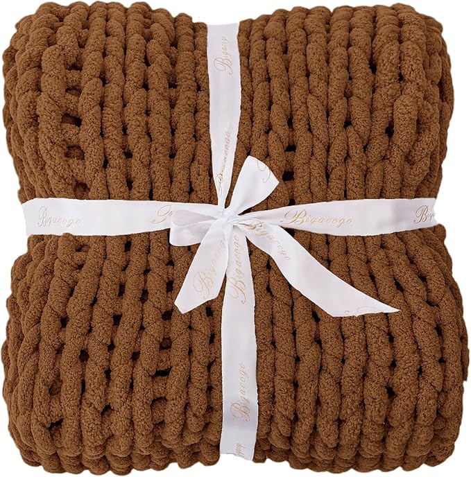 Bigacogo Chunky Knit Throw Blanket for Couch, 51x63 inches, 100% Hand Knitted with Thick Jumbo Chenille Yarn, Cozy Soft Large Rope Knot Cable Crochet Blankets for Sofa Bed Living Room, Caramel