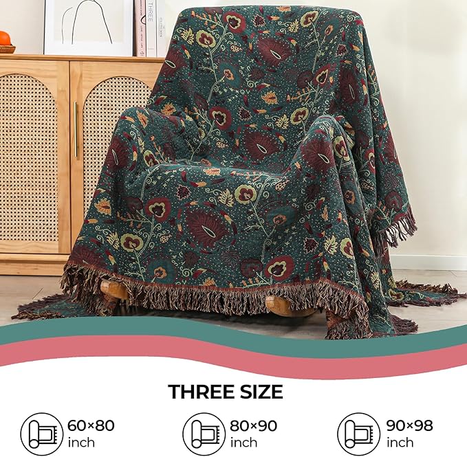Boho Throw Blanket for Bed,100% Ultra Cotton Soft Breathable Bed Throw Floral Printed Farmhouse Decor Rustic Bed Throws for Couch Sofa Quilt 60" x 80"